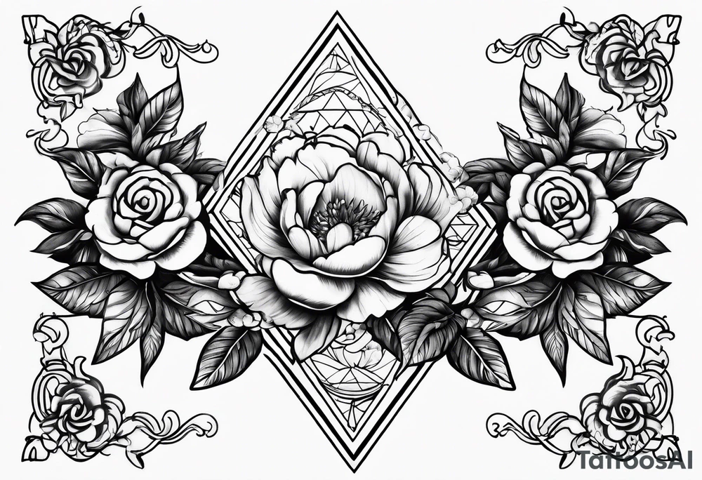 Peonies roses celestial shapes triangle long tattoo idea Peonies roses celestial shapes triangle long tattoo idea