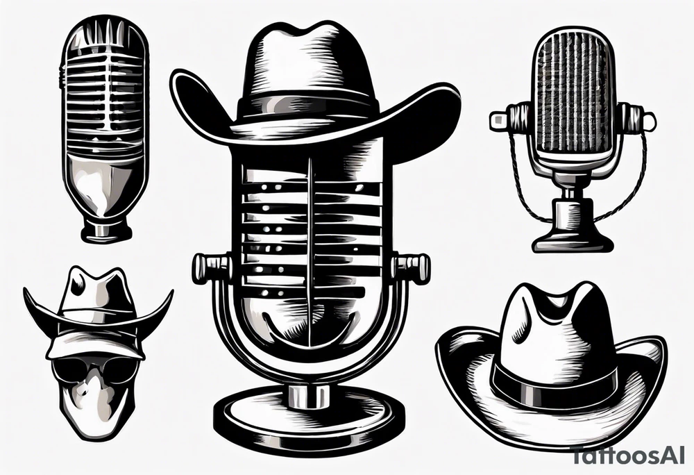 old school broadcast microphone with a cowboy hat on top of it. tattoo idea
