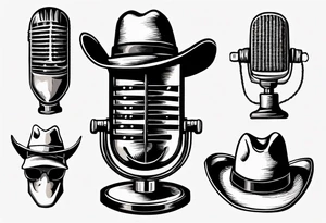 old school broadcast microphone with a cowboy hat on top of it. tattoo idea