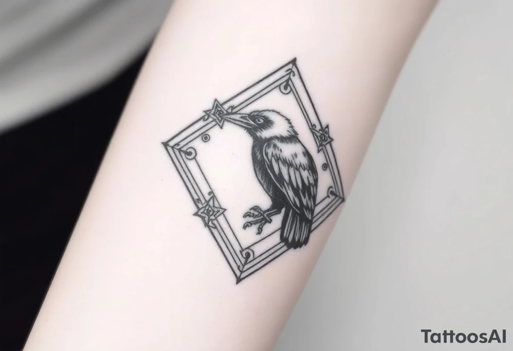 12 inch in length Geometric diamond with lines and designs going around with a big detailed crow in center with a lot of shading tattoo idea