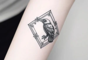 12 inch in length Geometric diamond with lines and designs going around with a big detailed crow in center with a lot of shading tattoo idea