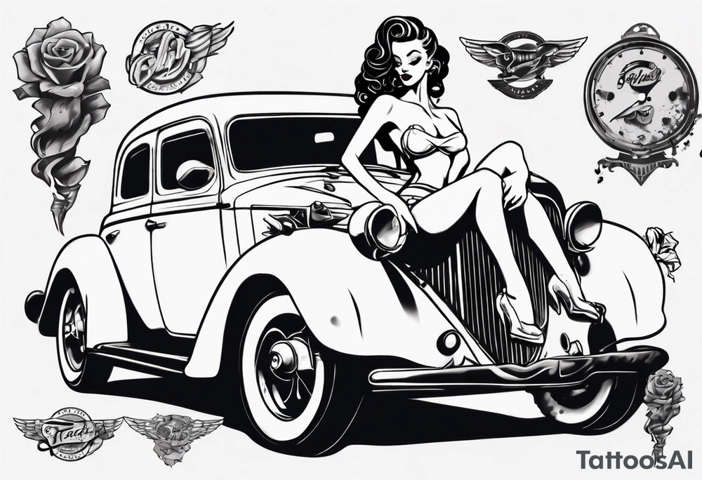 Pinup doll sitting on the hood of an old vintage car tattoo idea