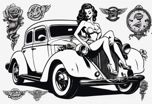 Pinup doll sitting on the hood of an old vintage car tattoo idea