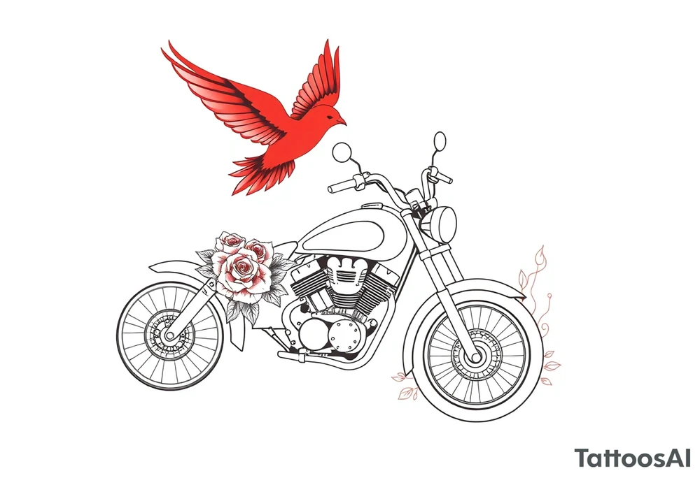 Motorcycle, red bird flying, roses and lace, flames tattoo idea