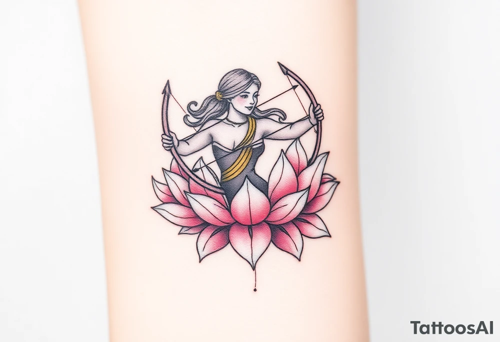 A Sagittarius figure with arrow and bow wrapped in blooming lotus flowers, symbolizing spiritual growth, in soft pink and gold tattoo idea