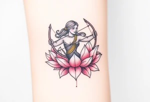 A Sagittarius figure with arrow and bow wrapped in blooming lotus flowers, symbolizing spiritual growth, in soft pink and gold tattoo idea