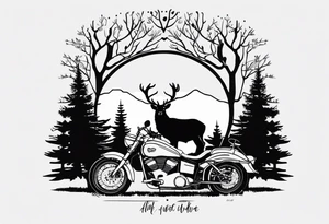 fine line without color, matching gear (wheel) UK, motorcycle (allroad) trees / forest, stag/antlers wedding date tattoo idea