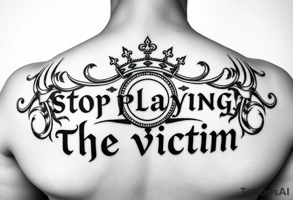 Writer the phrase :"Stop Playing the victim".
Karma style in background.
The words in greek style with some background feature too.
Infinte sign in the middle and allaround roman crown tattoo idea