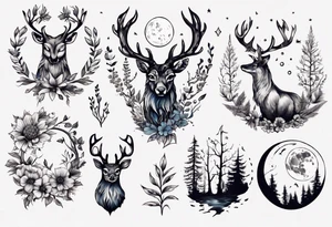 wasser, sonne, mond, eule  wald, hirsch, blume des lebens, 
baum, berlin tattoo idea