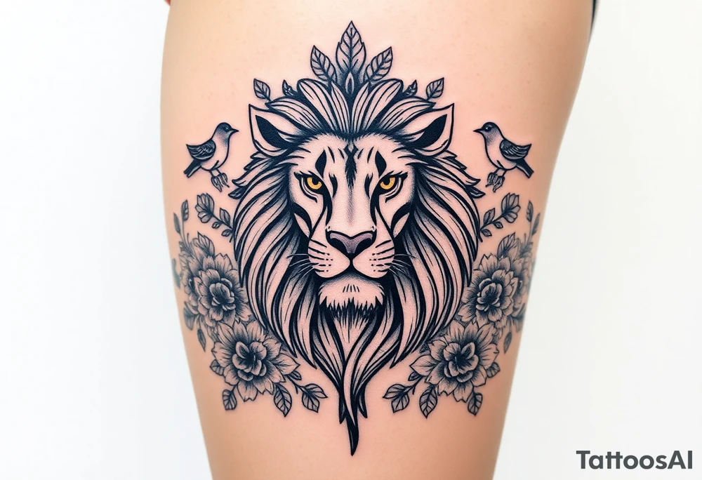 powerful majestic lion with a crown, surrounded by floral ornaments and birds tattoo idea