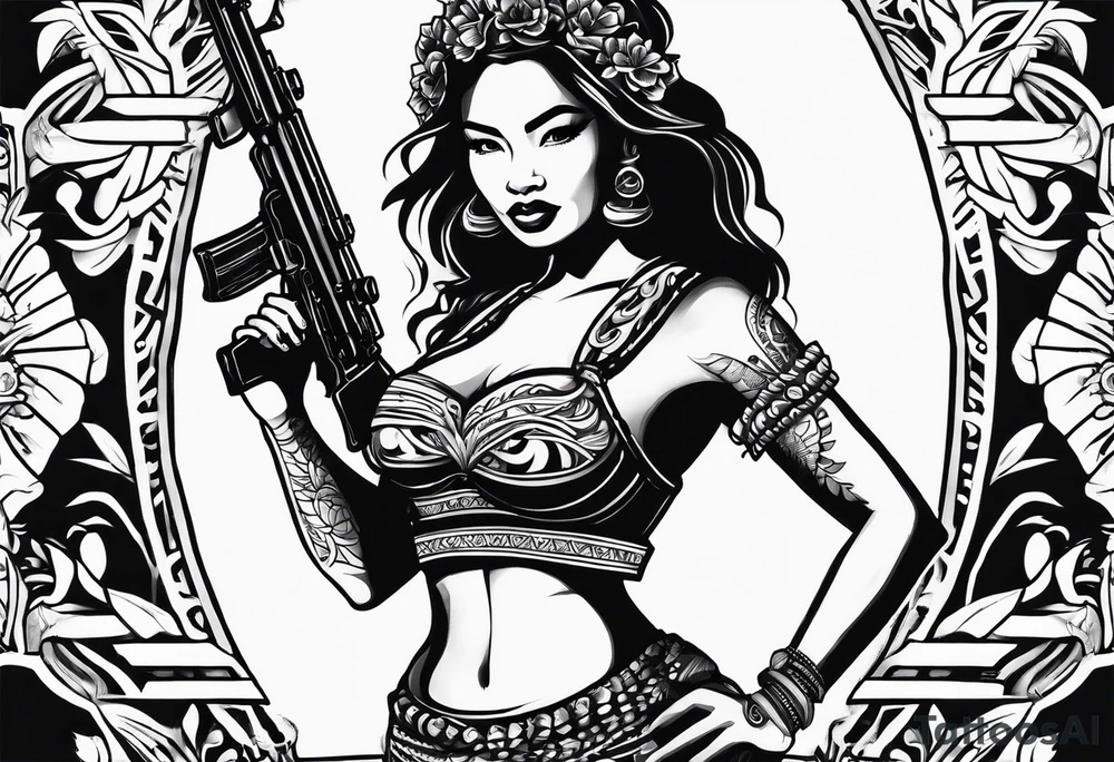 old school tahtian hawaian hula girl   with famas gun tattoo idea