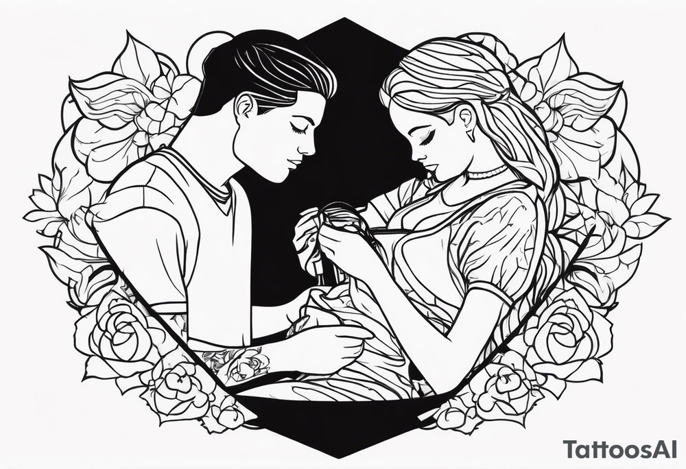 Male and female rag doll being sewn together tattoo idea
