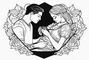 Male and female rag doll being sewn together tattoo idea