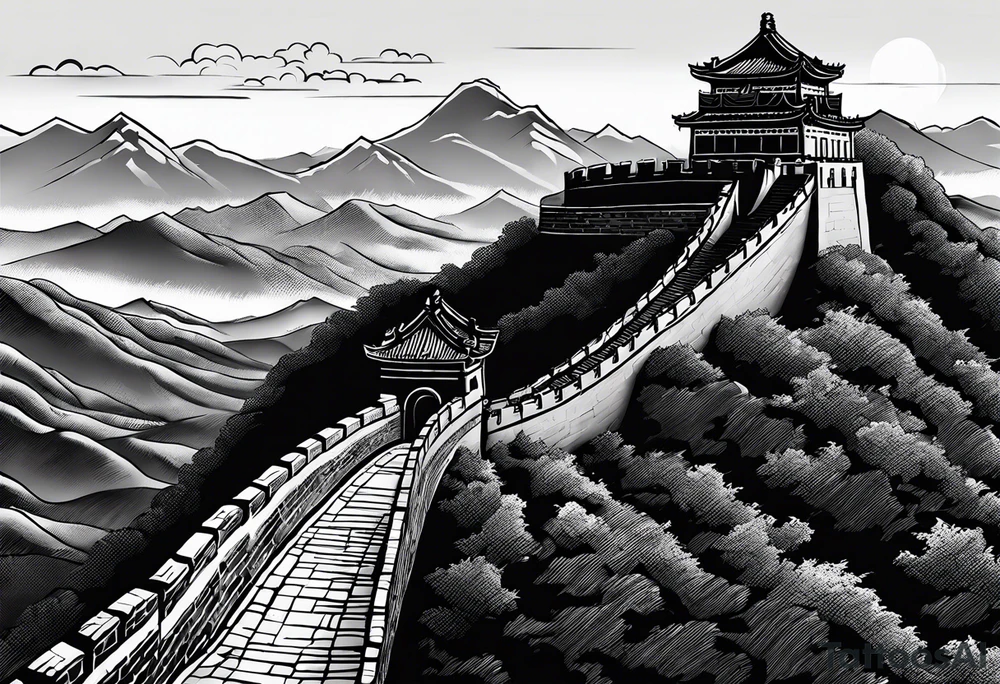 Great Chinese wall, realistic, art, gezeichnet, fine line, black and grey tattoo idea