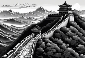 Great Chinese wall, realistic, art, gezeichnet, fine line, black and grey tattoo idea