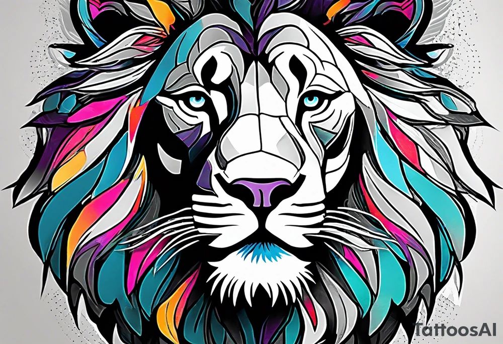 Using abstract art techniques, this design would depict the lion with unconventional shapes and vibrant colors, creating a modern and artistic interpretation. tattoo idea