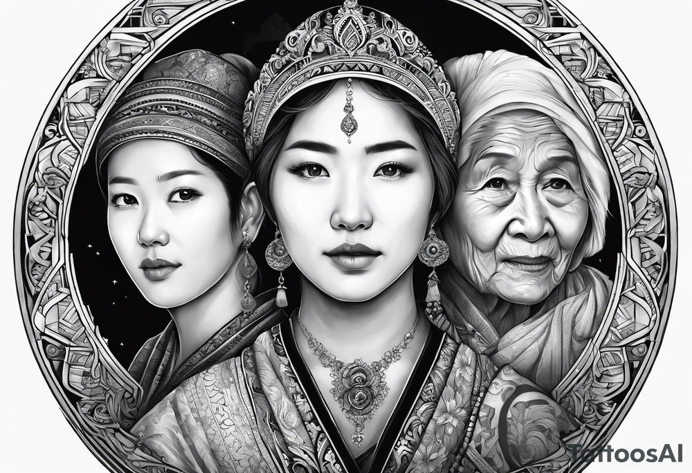 three eurasian people side by side. a really really young Daughter on the left, mother in the middle, really really old grandmother on the right. greater age difference, in an artfully decorated frame tattoo idea
