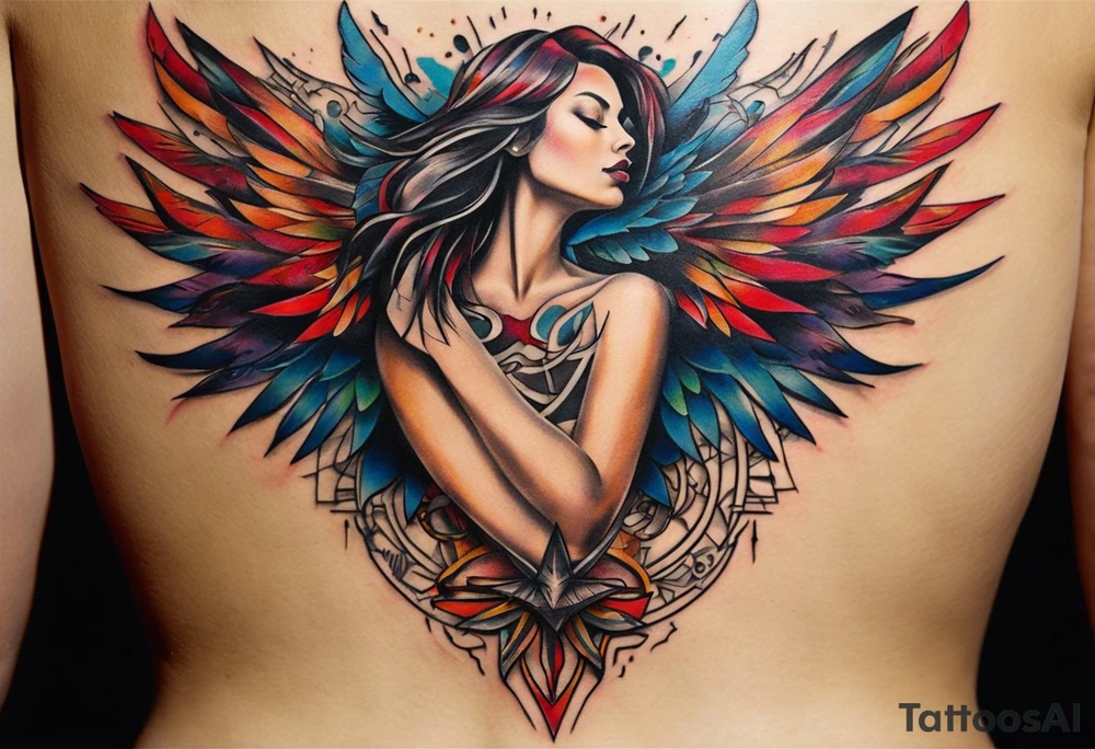 Wide tattoo that appears to be bursting out of the skin, symbolizing freedom. The tattoo should be vibrant and dynamic, with bold lines and colors that evoke a sense of liberation and empowerment. Consider incorporating elements such as sexy girl with wings, broken chains, or other symbols of freedom. The tattoo should be visually striking and thought-provoking, inviting the viewer to reflect on the importance of personal freedom. tattoo idea