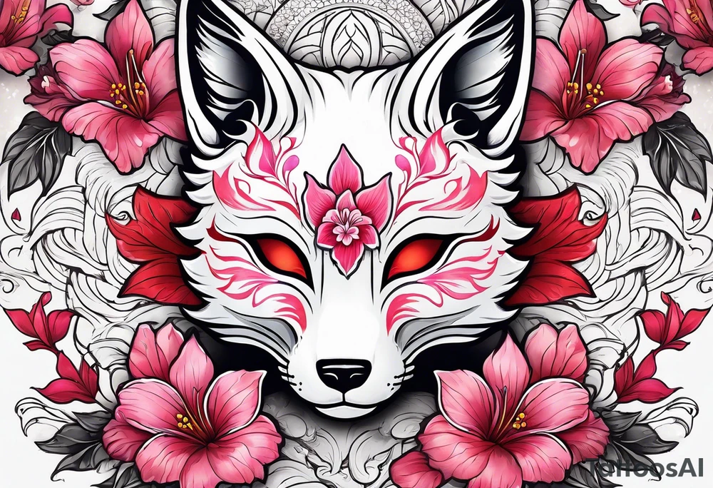 White kitsune mask with red accents and pink hibiscus flowers tattoo idea