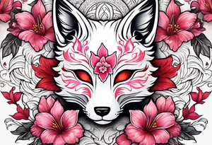 White kitsune mask with red accents and pink hibiscus flowers tattoo idea