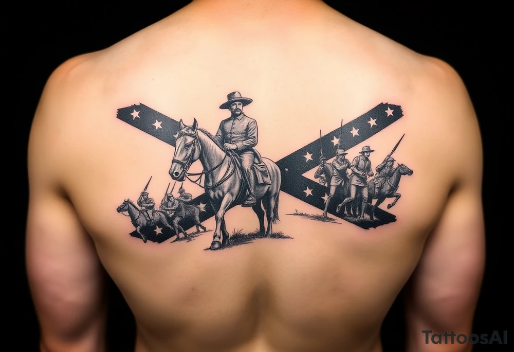 Confederate flag with a portrait of stonewall Jackson on a horse add in a battle scene with confederate soldiers winning & Jefferson Davis on one side add in shading and color tattoo idea