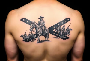 Confederate flag with a portrait of stonewall Jackson on a horse add in a battle scene with confederate soldiers winning & Jefferson Davis on one side add in shading and color tattoo idea