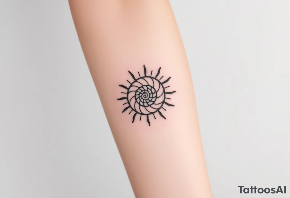 Fibonacci spiral shell inside of painted sun tattoo idea
