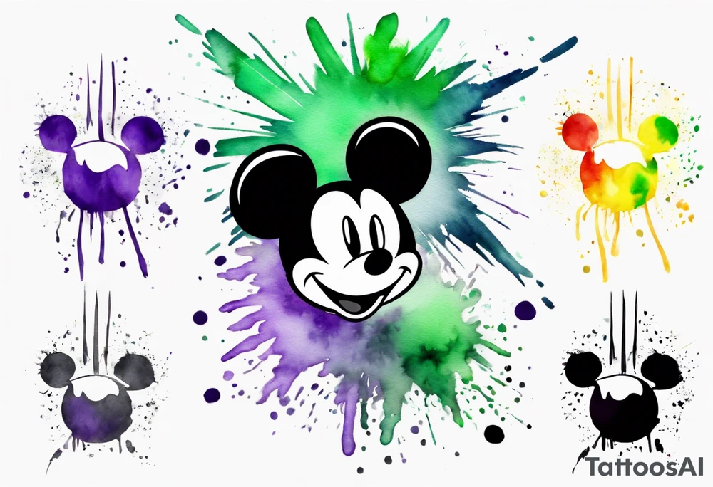Mickey head in black and white with watercolor fireworks behind in green purple and yellow. tattoo idea