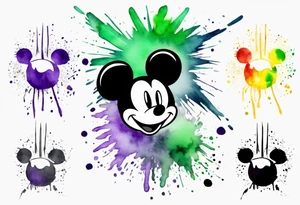 Mickey head in black and white with watercolor fireworks behind in green purple and yellow. tattoo idea