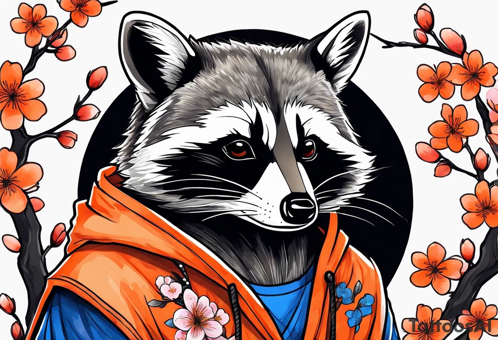 raccoon wearing a black and white Superman hoodie and orange Japanese cherry blossoms tattoo idea