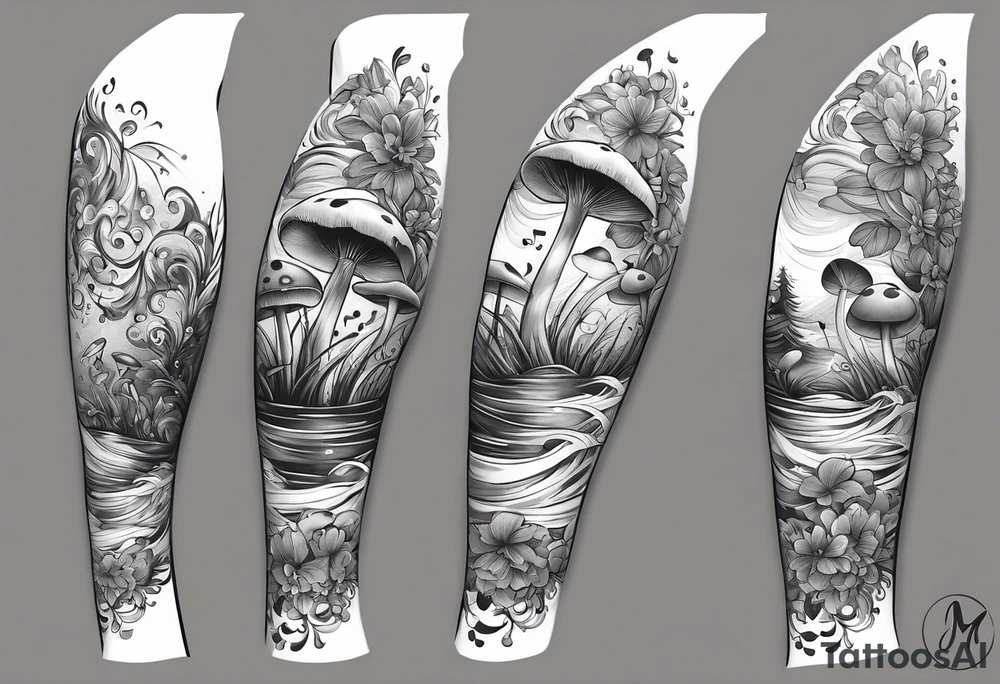 simple icons down the back of the arm featuring four icons:

1. a music note on a staff
2. a wave of water
3. a pocket
4. mushroom tattoo idea