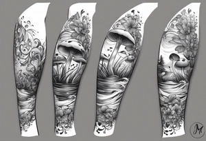 simple icons down the back of the arm featuring four icons:

1. a music note on a staff
2. a wave of water
3. a pocket
4. mushroom tattoo idea