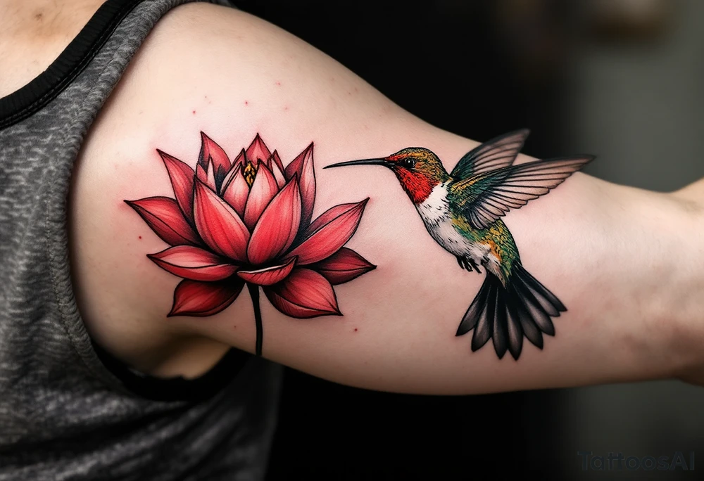 hummingbird drinking from lotus flower (Red and black colors only) tattoo idea