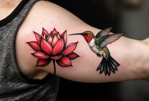 hummingbird drinking from lotus flower (Red and black colors only) tattoo idea