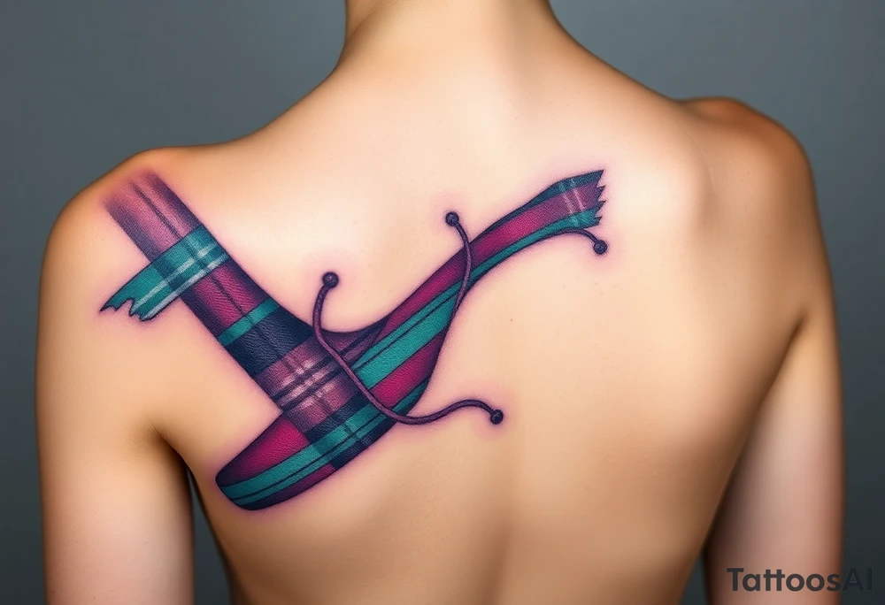 Chest 
Dark Purple with green pink blue and white highlights tartan fabric with skin around edges peeling and wrapping around side of shoulder tattoo idea