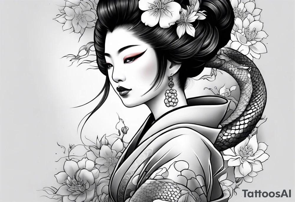 High contrast black and grey Japanese full arm tattoo, geisha on upper arm and snake with flowers going down the forearm imagine tattoo idea