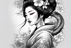 High contrast black and grey Japanese full arm tattoo, geisha on upper arm and snake with flowers going down the forearm imagine tattoo idea