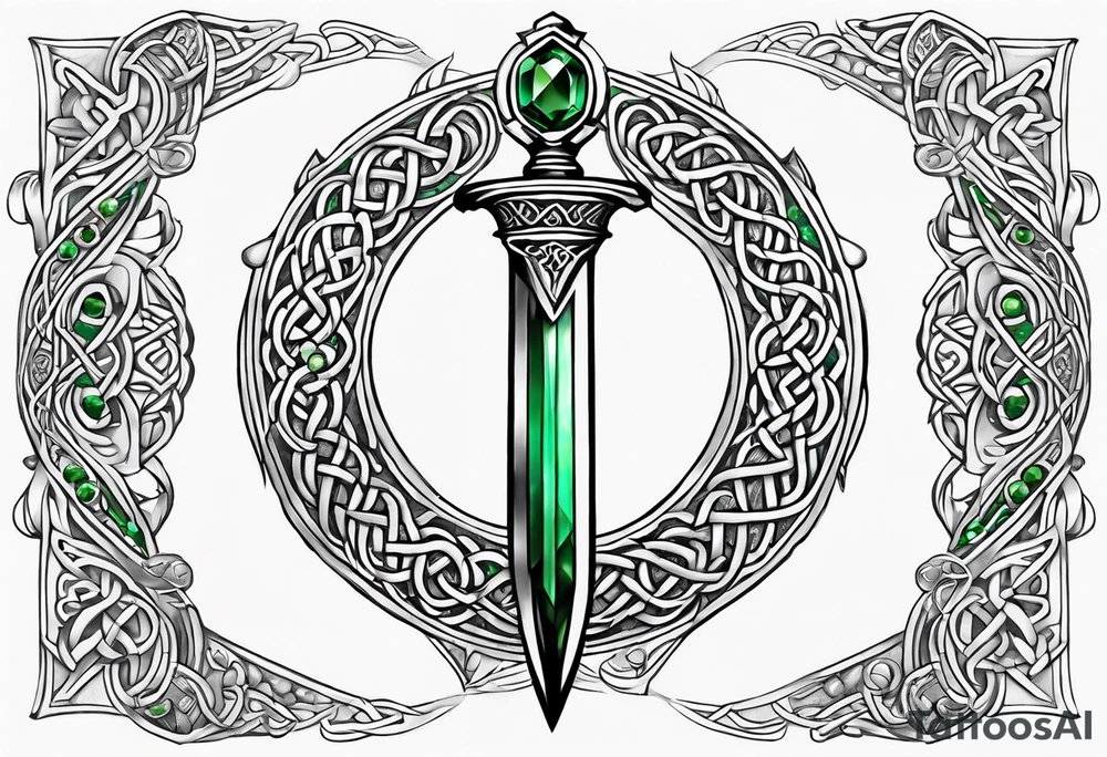 A Celtic dagger with an oak hilt turned upright and emerald gemstones on it tattoo idea