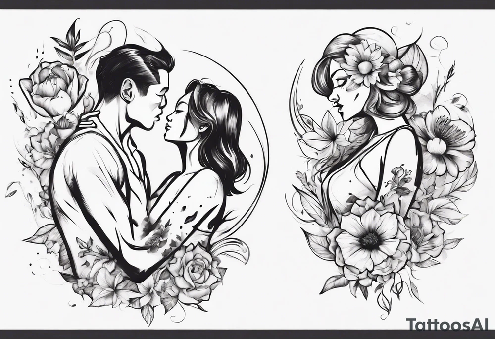 Dancing guy and girl into a flower tattoo idea
