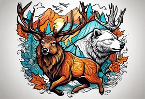 Hunter hunting deer being chased by a bear tattoo idea