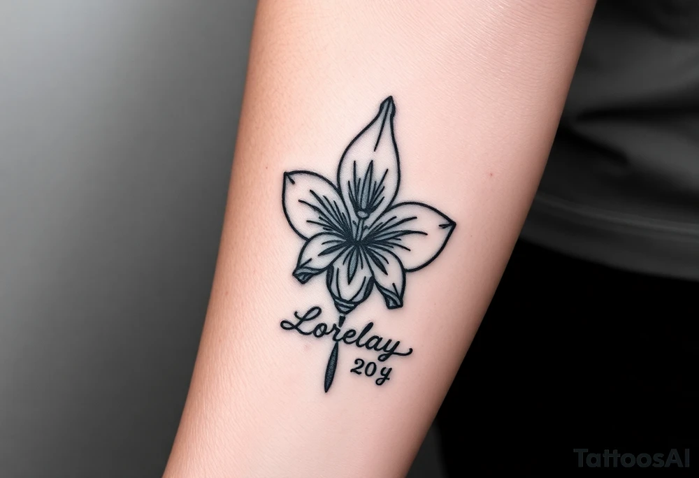 Crea un diseño significativo sobre la flor de bayahibe egipcia y que tenga el nombre escrito por de bajo del diseño el nombre de mi hermana Lorelay para la parte baja del bíceps tattoo idea