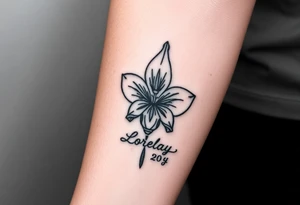 Crea un diseño significativo sobre la flor de bayahibe egipcia y que tenga el nombre escrito por de bajo del diseño el nombre de mi hermana Lorelay para la parte baja del bíceps tattoo idea