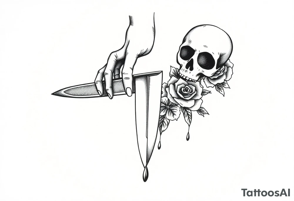 en el caos encontré mi forma favorita 
de amarte somos veneno y promesa.  Add around 

Woman’s hand reaching down grabbing blade handle, skeleton head on right under blade, rise on right under blade, blood dry from tip of blade, skeleton hand reaching for Blade tip. Just the hand and place above blade handle reaching for handle. Skull and rose underneath blade. Just the skeleton hand reaching for tip of knife which is dripping blood. tattoo idea