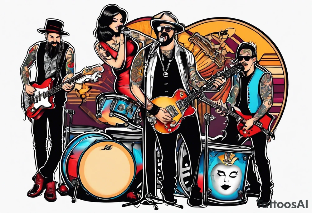 Just 4 fun band with guitar and drums three guys and one lady singer tattoo idea