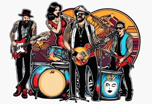 Just 4 fun band with guitar and drums three guys and one lady singer tattoo idea