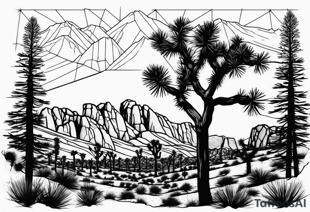 Joshua Tree with mountains and pine trees tattoo idea