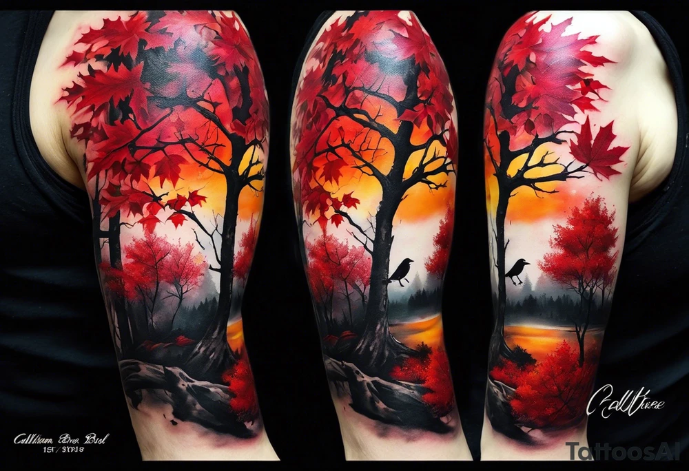 trash polka style. Arm tattoo. Long tattoo. Full sleeve. Shoulder. A single large maple tree with red autumn leaves that branches upwards from wrist to shoulder. White-throated dipper bird on the trees branches. Calluna flowers at the base of the trees stem. Tree stem has dark colors. Red/yellow sunset behind the trees stem. Leaves falling. tattoo idea