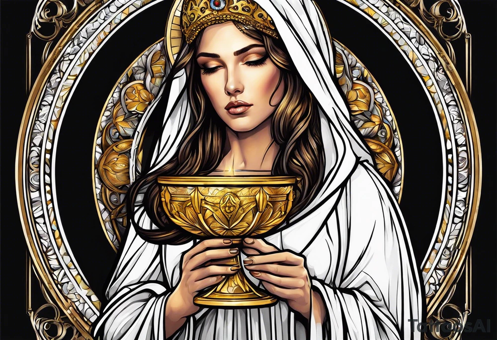 holy saint woman with golden halo holding a chalice tattoo idea