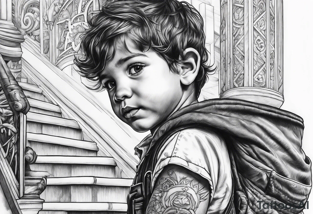 Un niño subiendo por las escaleras de la atlantida tattoo idea