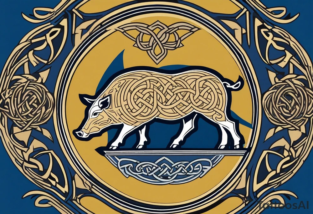 Side profile, Celtic, tribal, wild boar, On a Chatwin family crest with blue background, two gold stars, and a gold Chevron, and a Thistle tattoo idea